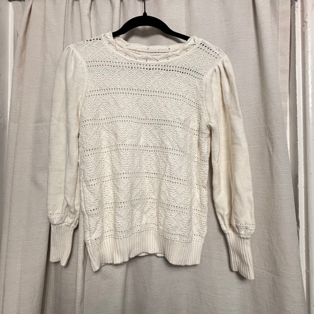 Loft Petites Cream Pointelle Knit Puff Sleeve Sweater Off White, Medium Pet